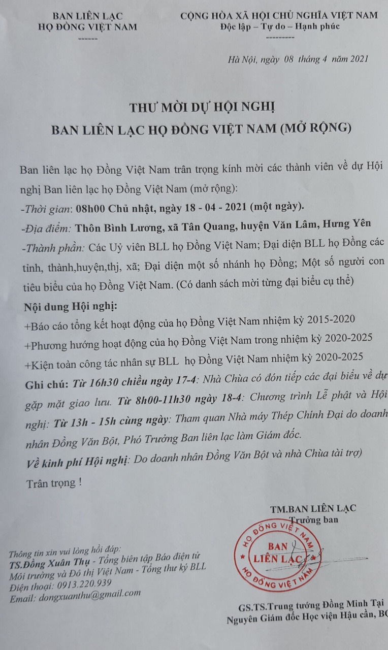 Thư mời Hội nghị Ban liên lạc họ Đồng Việt Nam (mở rộng) tháng 4/2021